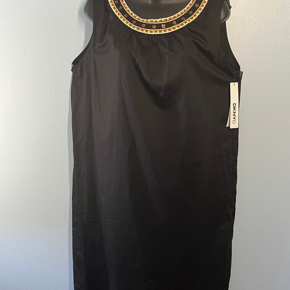 DKNYC  Black Teal Embroidered Shift Dress Tassels Aztec Boho Size L  Cotton. New